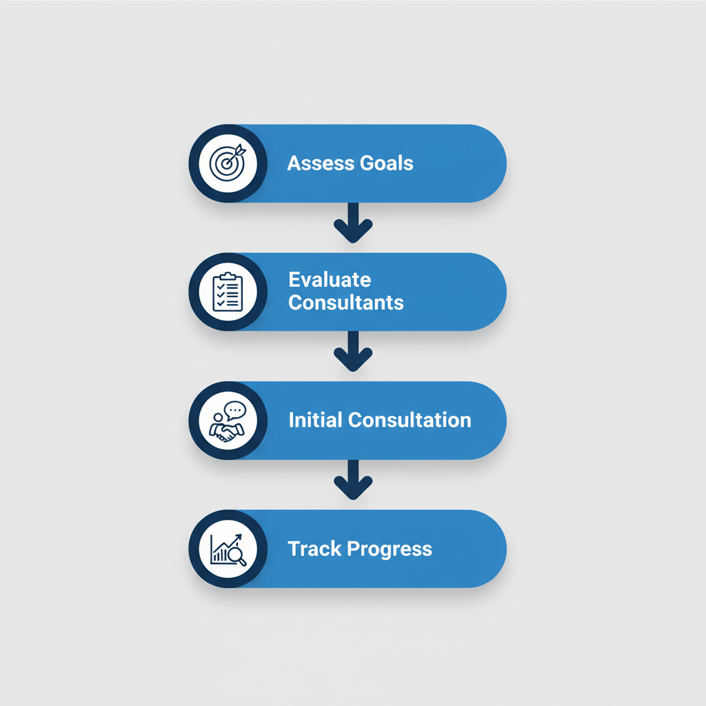 Vertical process flow illustrating four key steps to begin Orlando SEO with icons and brief labels.