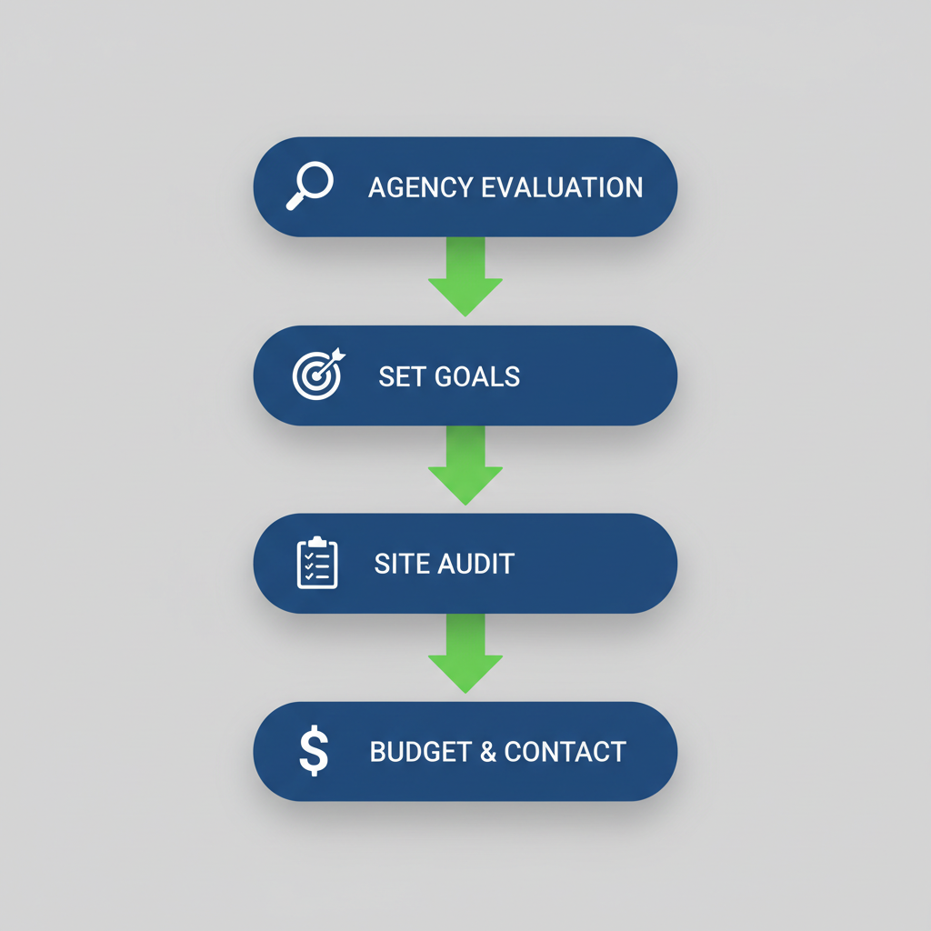 Vertical process flow diagram illustrating four key steps to begin an SEO journey in Orlando, featuring icons for evaluation, goals, audit, and budgeting.
