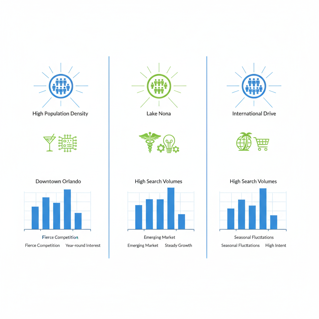 Infographic comparing SEO opportunities in Downtown Orlando, Lake Nona, and International Drive with icons for population density, industries, and search volumes.