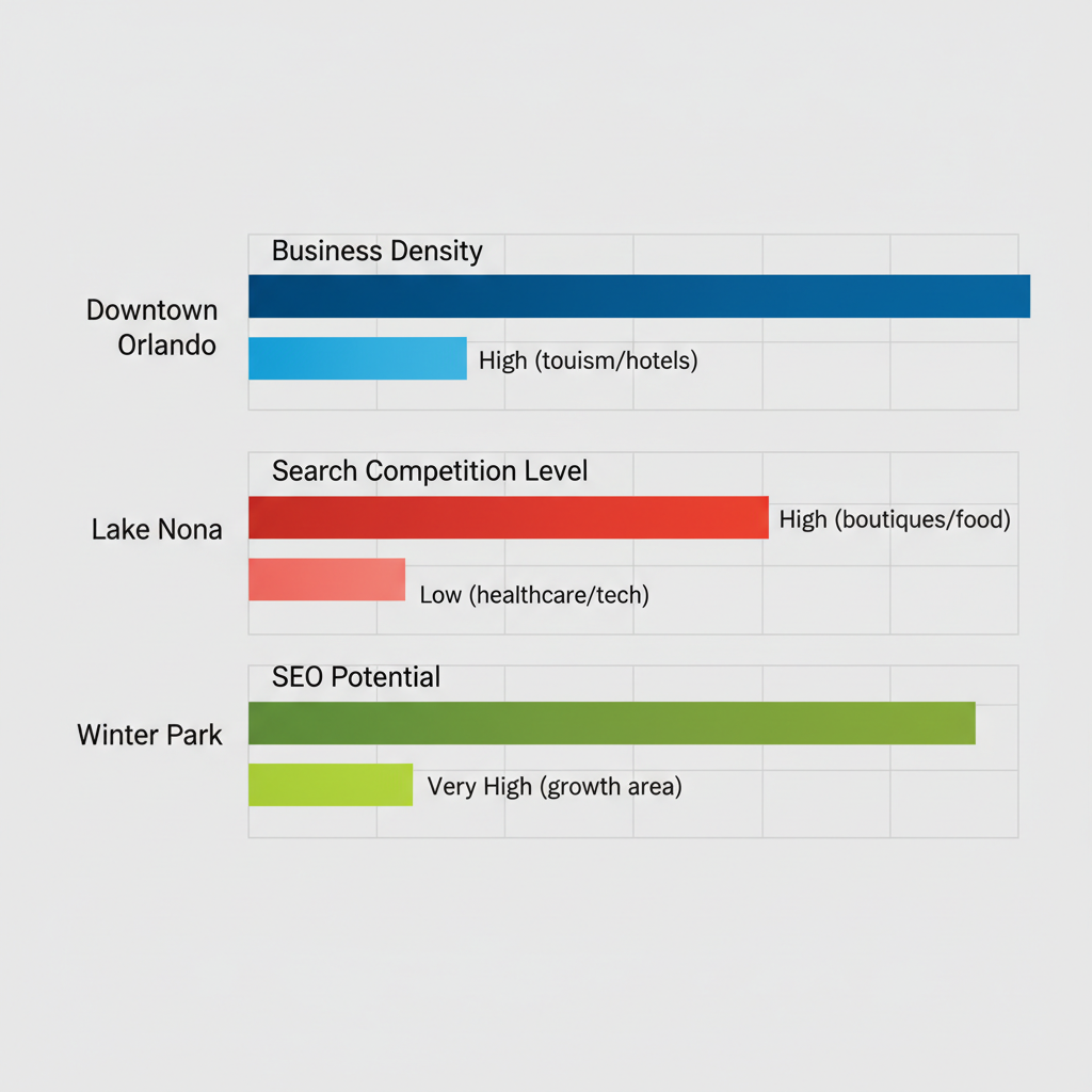 Horizontal bar chart comparing SEO metrics for Orlando neighborhoods: Downtown, Lake Nona, Winter Park, showing business density, competition, and potential.