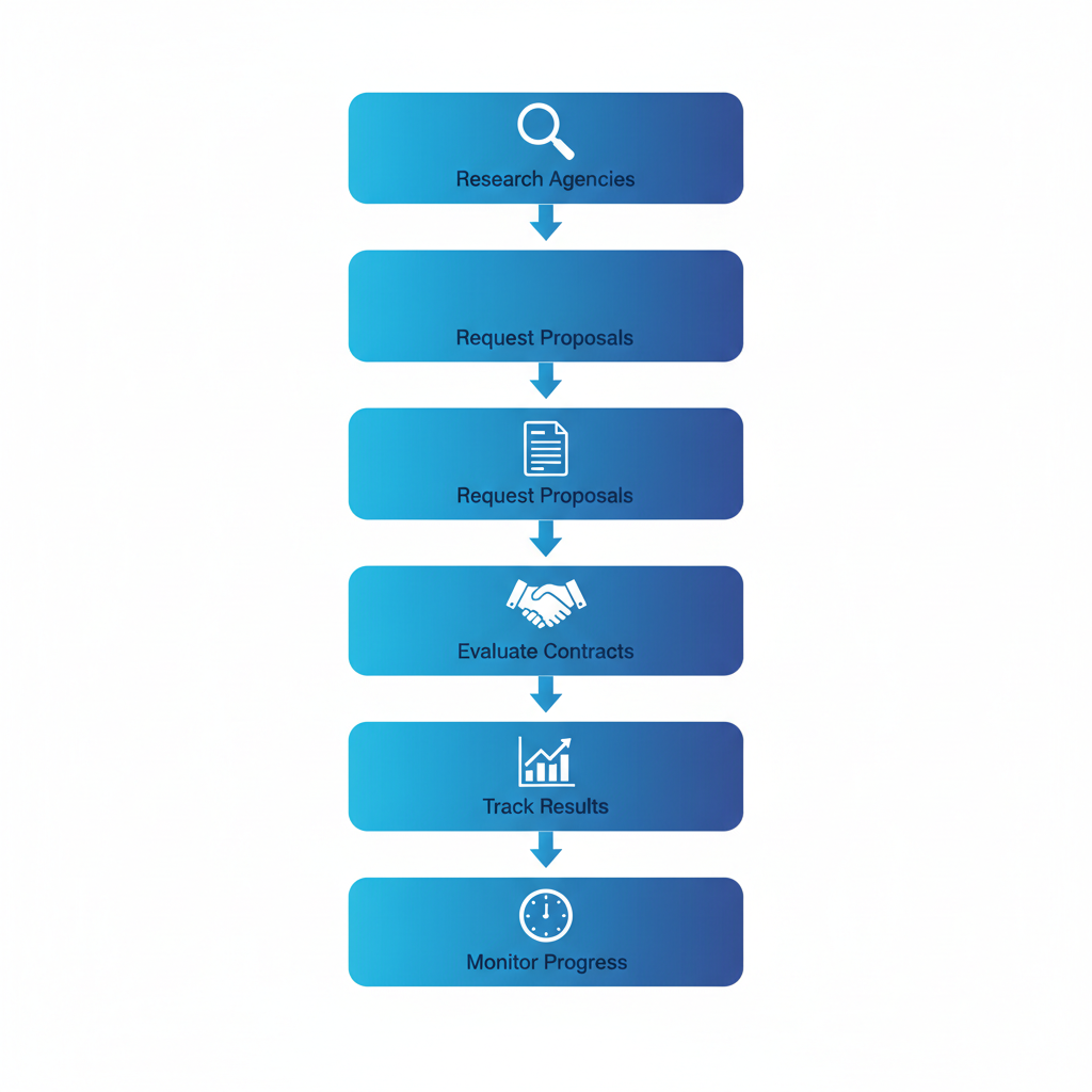 Vertical process flow diagram illustrating steps to start with Orlando SEO companies, featuring icons and labels.