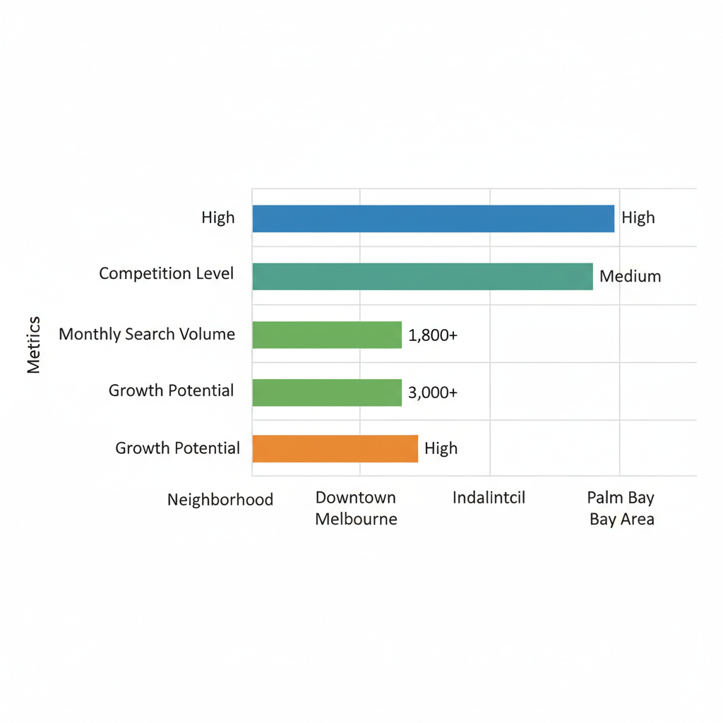 Horizontal bar chart illustrating SEO competition levels, search volumes, and growth potentials in Melbourne, Florida neighborhoods