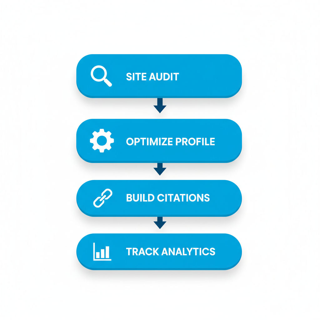 Vertical process flow diagram illustrating four steps for implementing SEO in Melbourne businesses