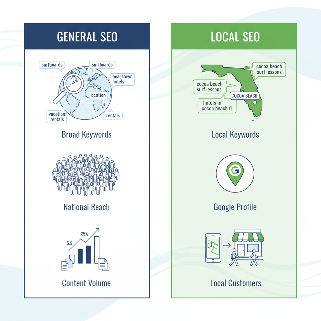 Infographic showing side-by-side comparison of general and local SEO strategies with icons and short labels for Cocoa Beach businesses.
