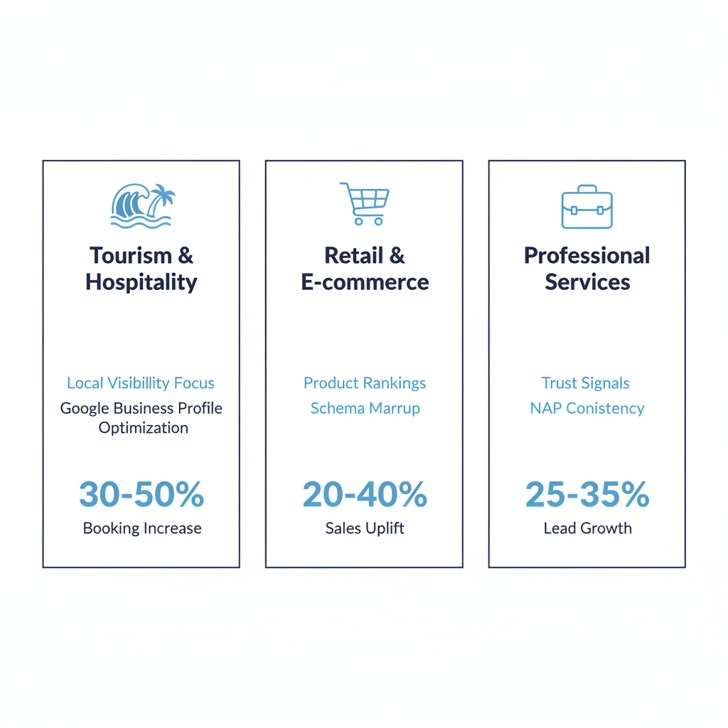 Infographic comparing SEO strategies for tourism, retail, and professional services in Cocoa Beach