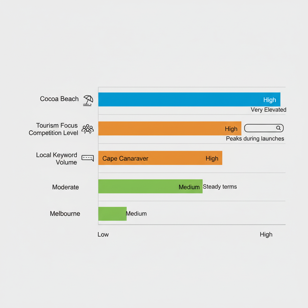 Horizontal bar chart comparing SEO factors like tourism focus, competition level, and local keyword volume across Cocoa Beach, Cape Canaveral, and Melbourne in the Space Coast region.