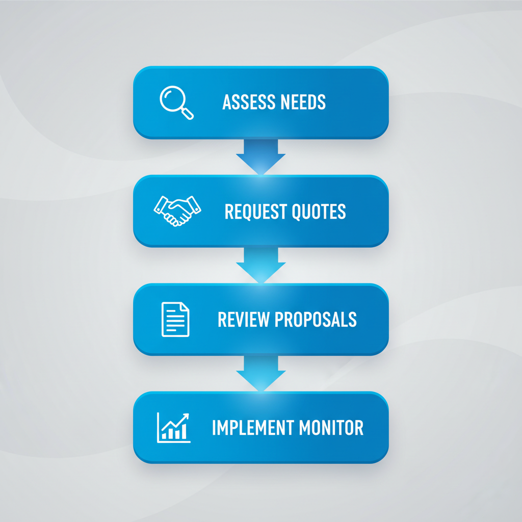 Vertical process flow diagram illustrating four steps to engage an SEO company in Cocoa Beach with icons and subtle beach waves background