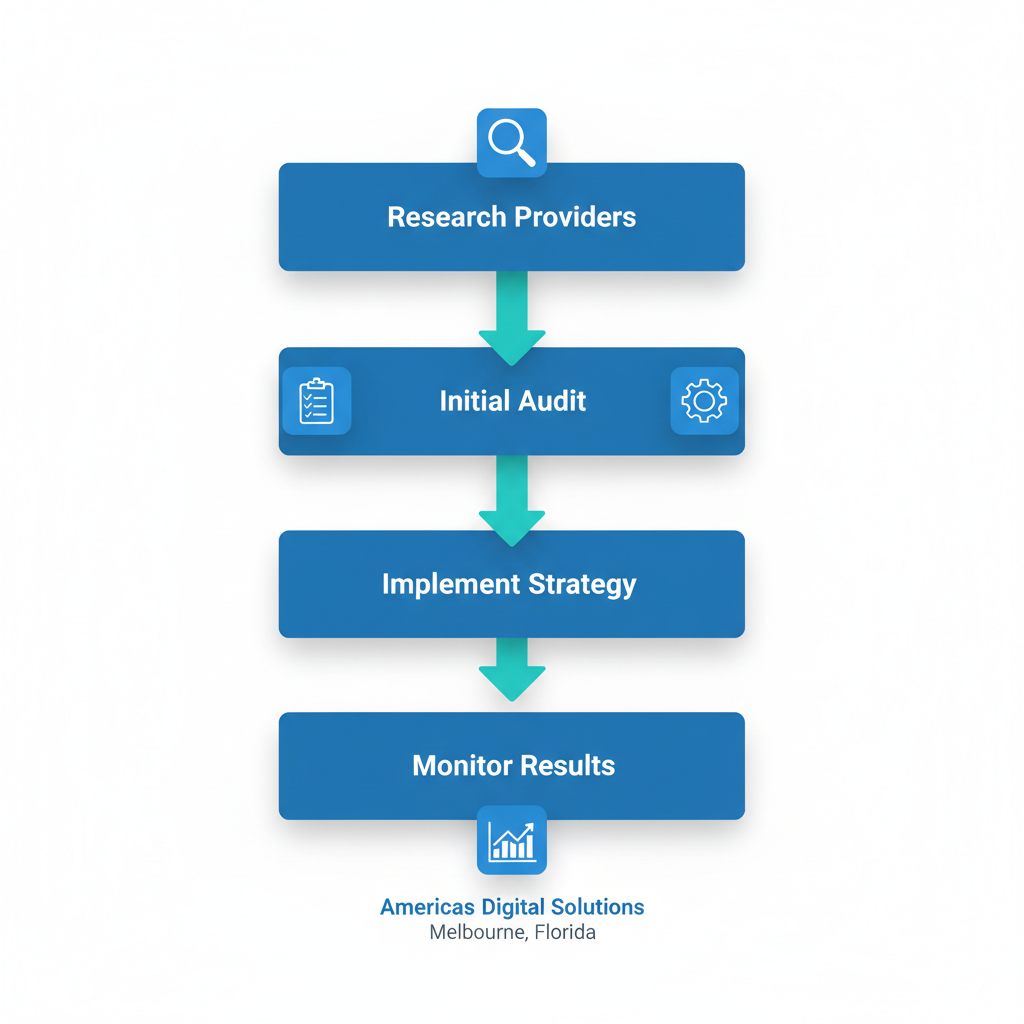Vertical process flow diagram illustrating four steps to start SEO journey with icons and labels