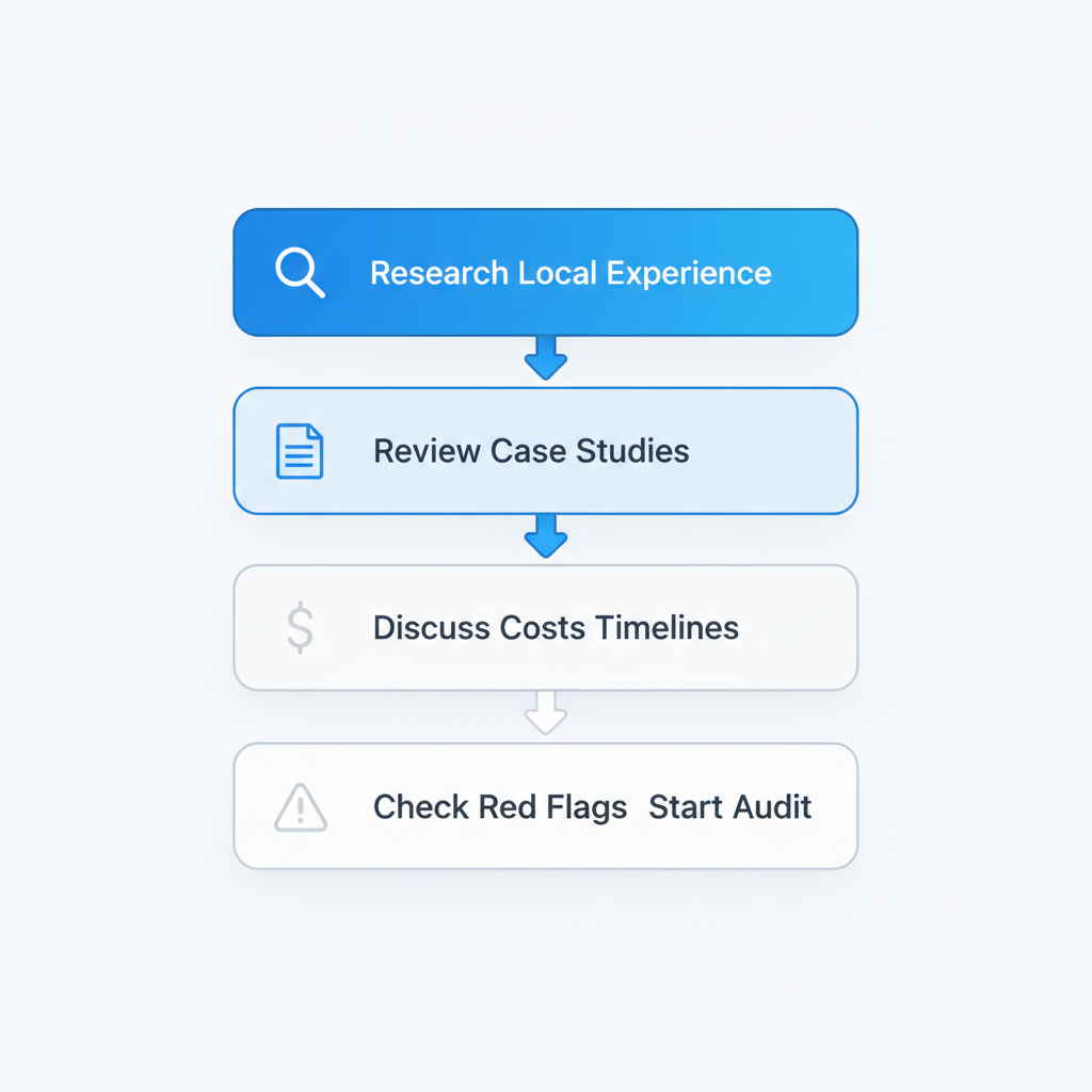 Vertical process flow diagram illustrating five steps to hire an SEO consultant in Orlando, featuring icons and brief labels.