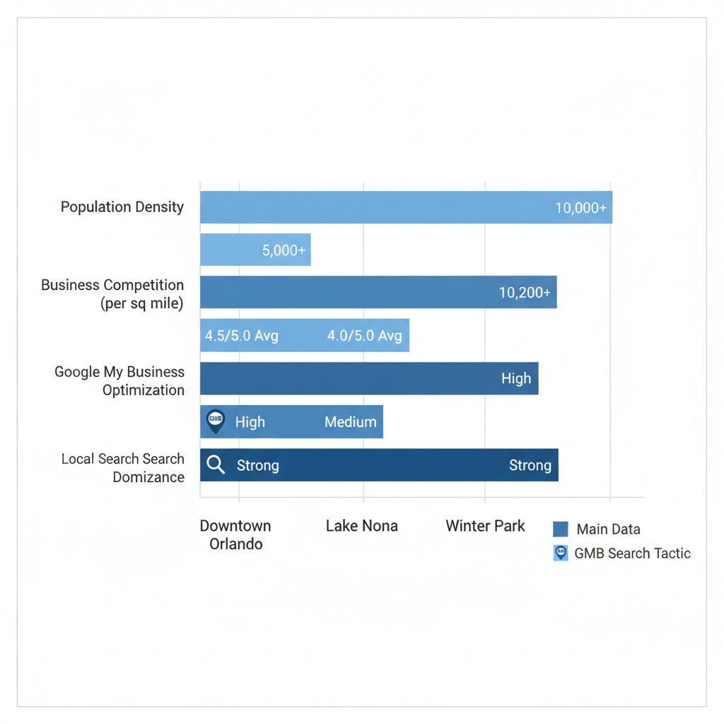 Horizontal bar chart comparing SEO market factors across Orlando neighborhoods: Downtown Orlando, Lake Nona, and Winter Park.