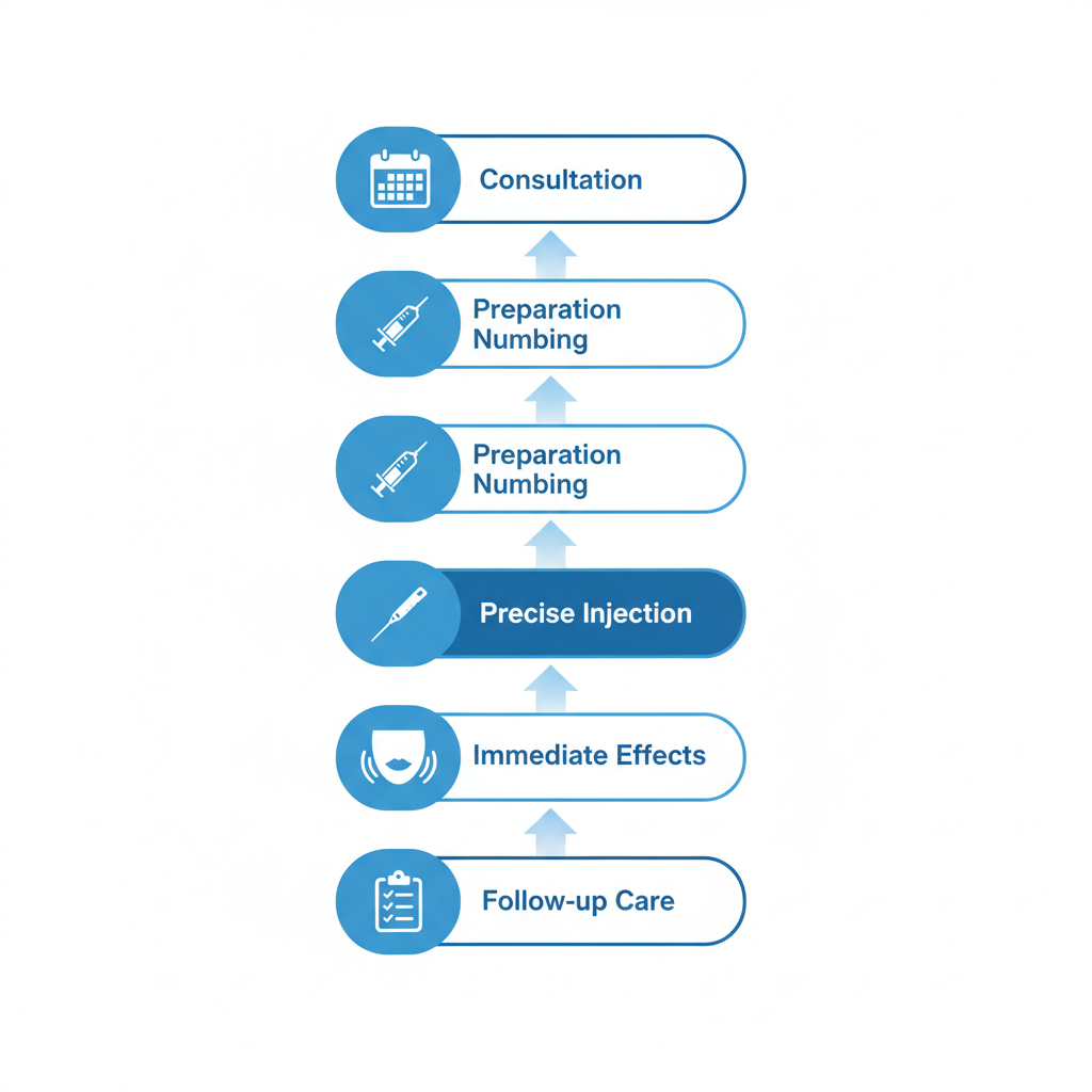 Vertical process flow diagram showing five stages of dermal filler injection: consultation, preparation and numbing, precise injection, immediate effects, and follow-up care, connected by downward arrows with medical icons.