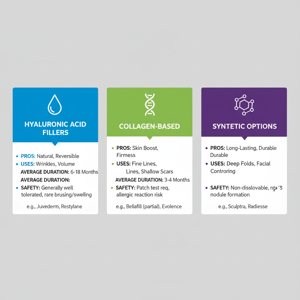 Infographic overview of three dermal filler types: hyaluronic acid, collagen-based, and synthetic, highlighting pros, uses, duration, and safety for cosmetic treatments.
