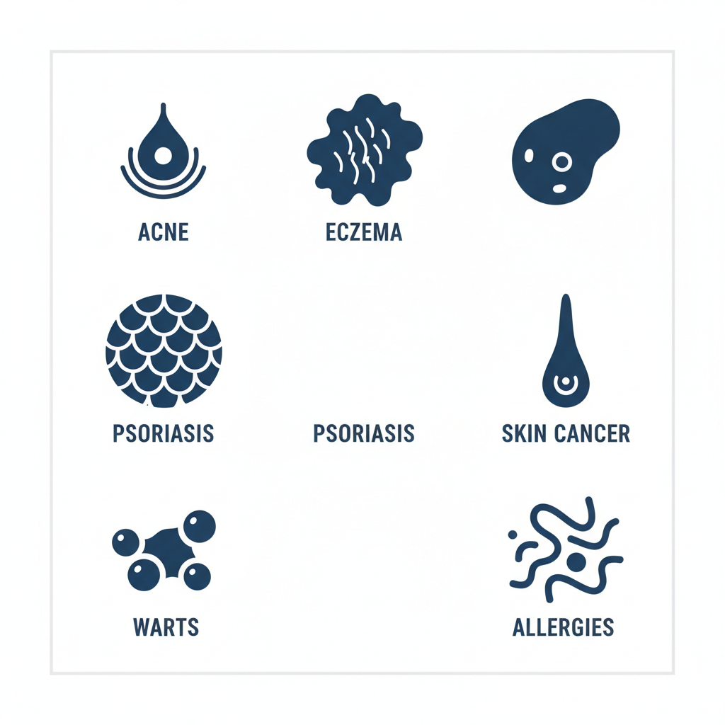 Grid of icons representing common skin conditions: acne, eczema, psoriasis, skin cancer, warts, and allergies.