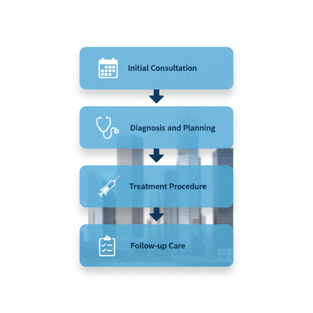 Vertical process flow diagram of four stages in a typical dermatology treatment: initial consultation, diagnosis and planning, treatment procedure, and follow-up care.