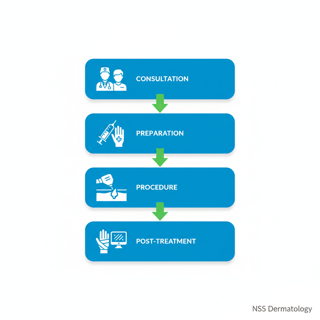 Vertical process flow diagram illustrating the steps of laser wart removal treatment at a New York dermatology clinic, including consultation, preparation, procedure, and post-treatment care.