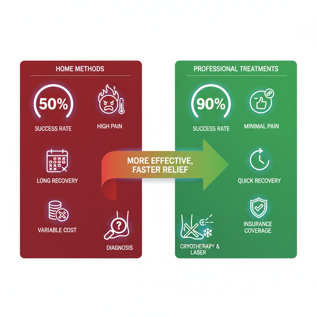 Infographic comparing professional wart removal benefits versus home treatments, highlighting higher success rates and quicker recovery.