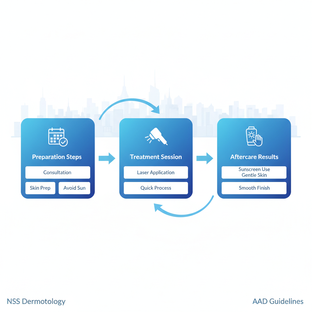 Horizontal process flow diagram showing three stages of laser hair removal: preparation, treatment, and aftercare.
