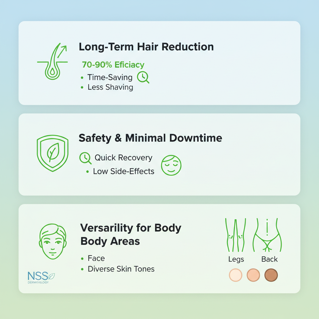 Infographic showing three main benefits of laser hair removal: long-term reduction, safety with minimal downtime, and versatility for different body areas.