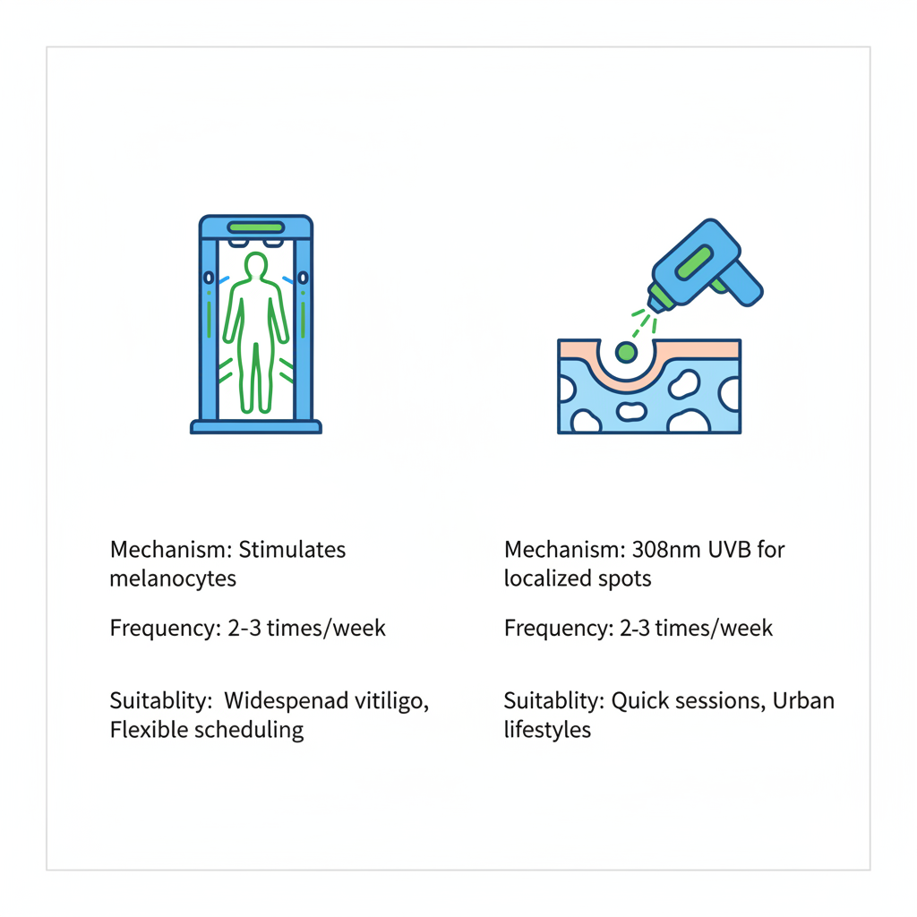Infographic showing side-by-side comparison of NB-UVB and Excimer laser phototherapy for vitiligo, including mechanisms, frequencies, and suitabilities.