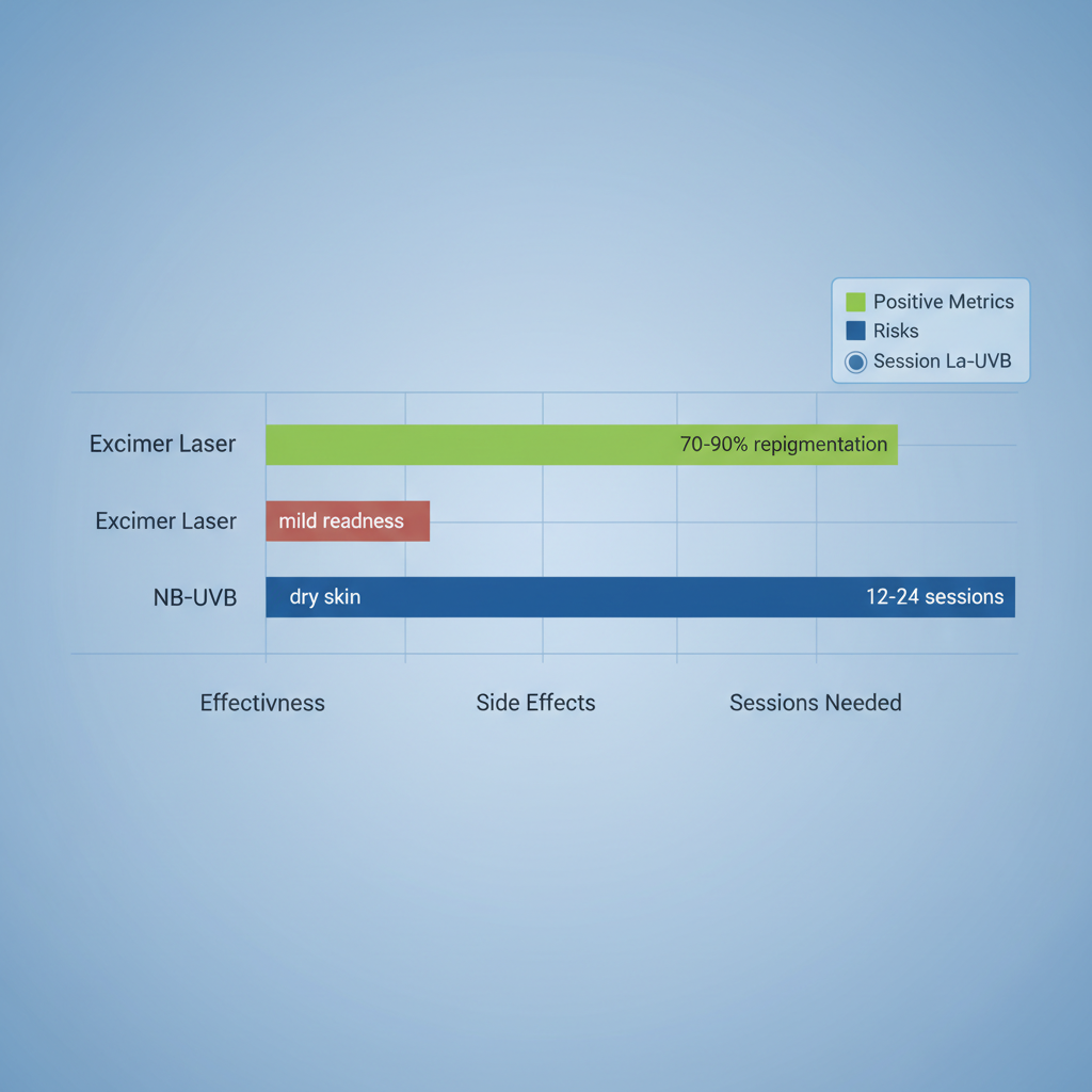 Bar chart comparing Excimer Laser and NB-UVB phototherapy effectiveness, side effects, and sessions for vitiligo treatment