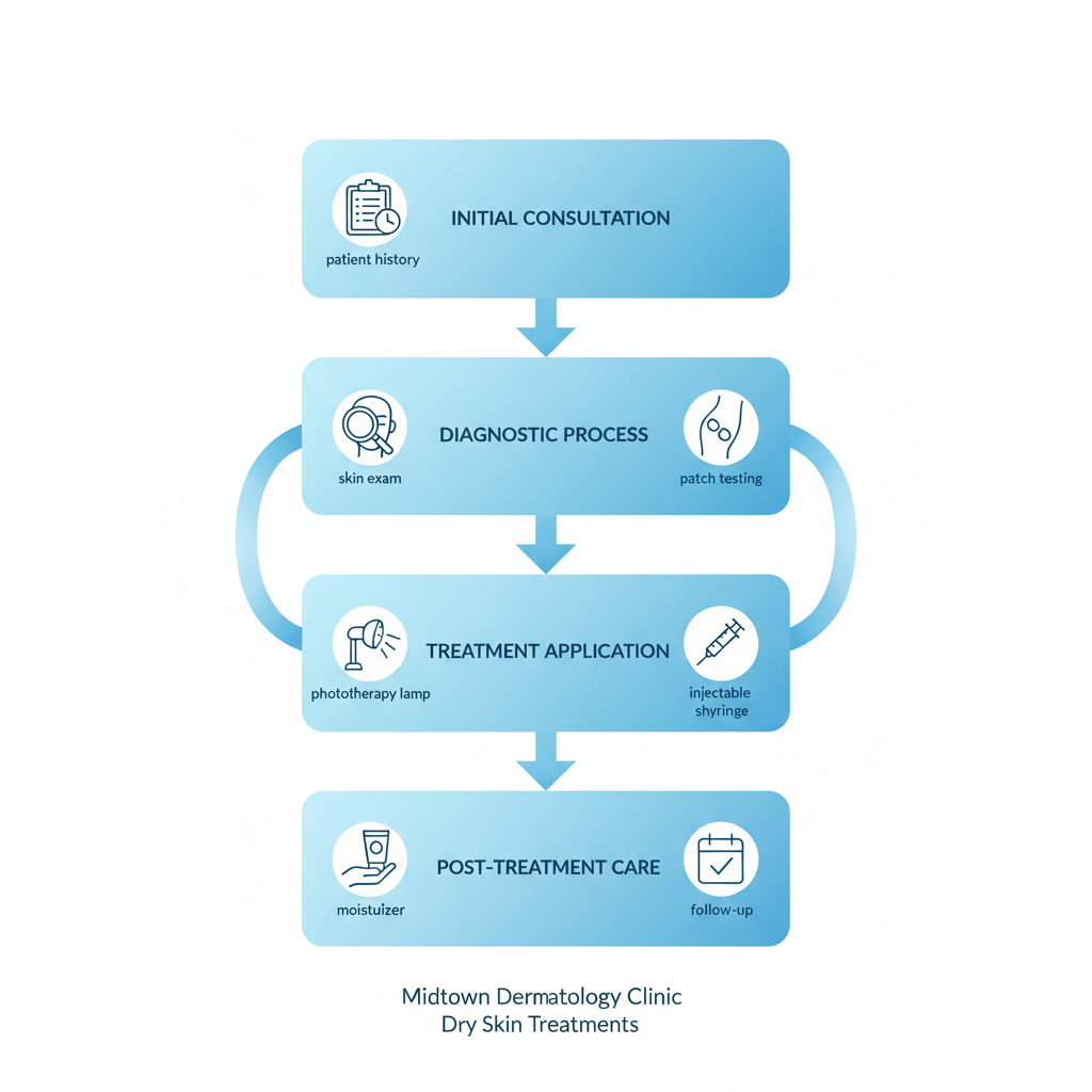 Vertical process flow illustrating steps of professional dry skin treatments at a dermatology clinic, from consultation to post-care.
