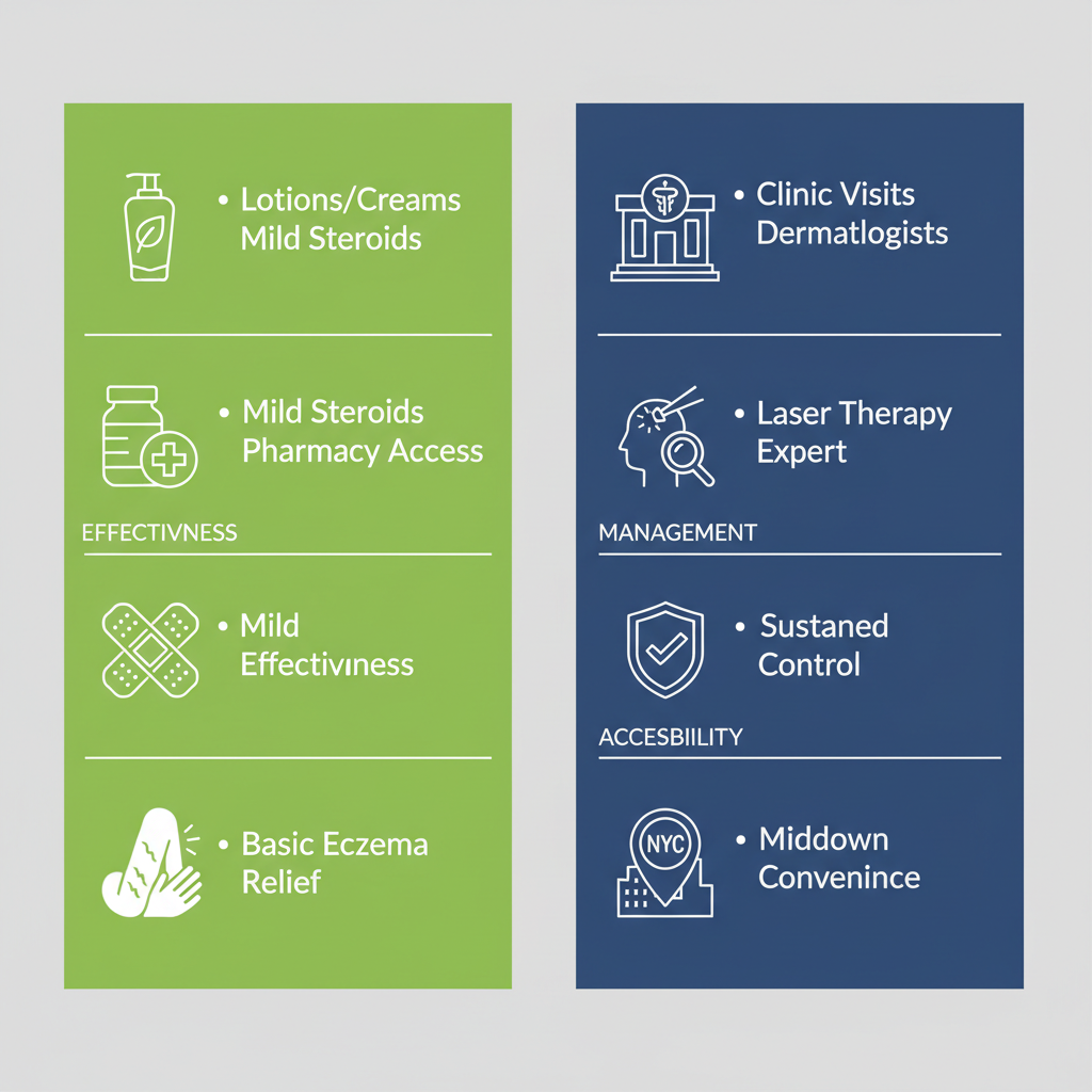 Infographic comparing over-the-counter and professional dry skin treatments in NYC, with icons for effectiveness, management, and accessibility.