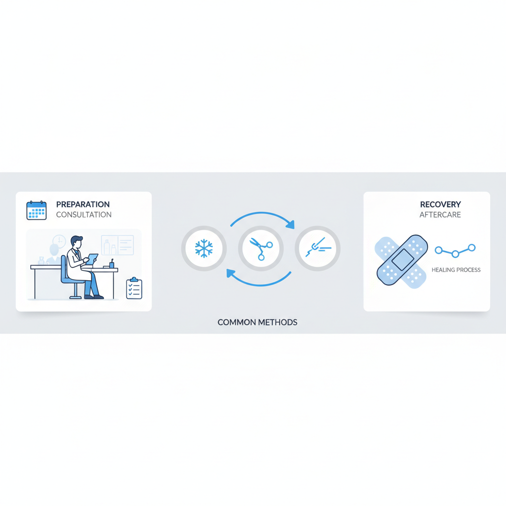 Horizontal process flow diagram illustrating skin tag removal stages: preparation, removal methods, and recovery with medical icons.