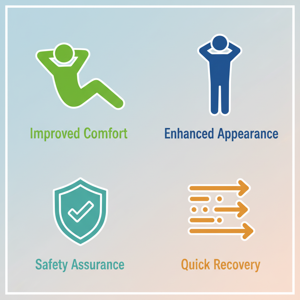 2x2 grid of icons illustrating benefits of skin tag removal: comfort, appearance, safety, and recovery.