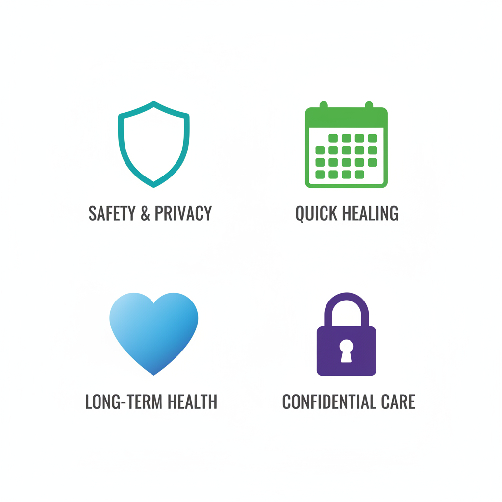 Grid of icons showing safety, recovery, health benefits, and confidentiality for genital wart removal.
