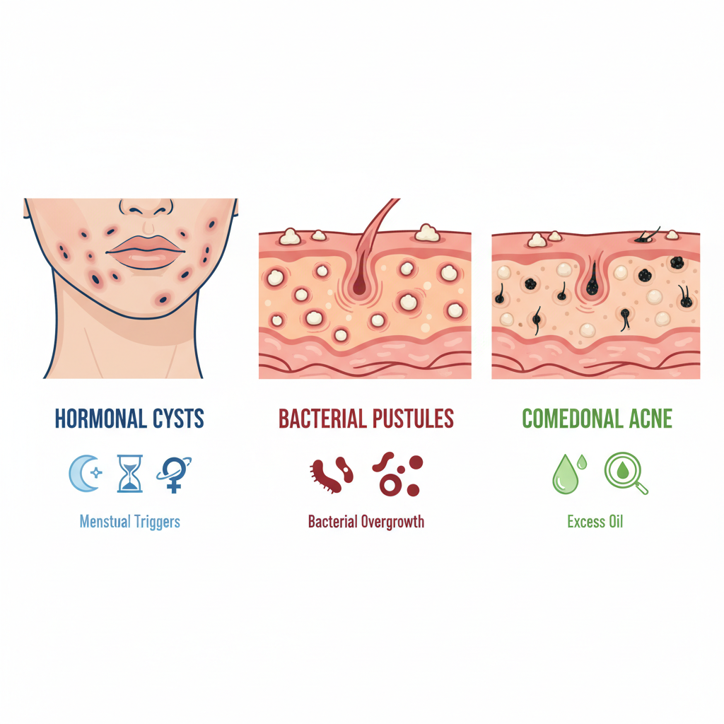 Infographic comparing hormonal, bacterial, and comedonal acne types with icons and key characteristics