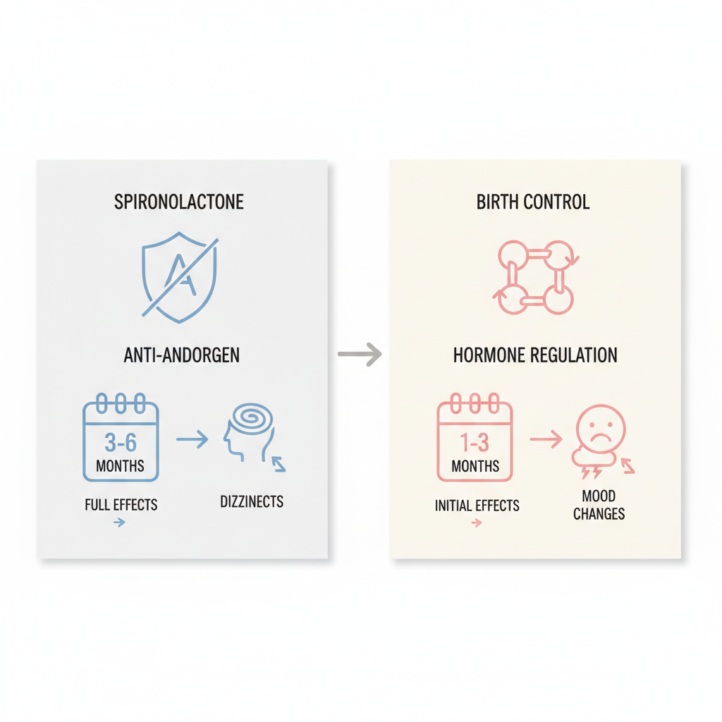 Side-by-side infographic comparing spironolactone and birth control for treating hormonal acne, featuring mechanisms, timelines, and side effects with icons.