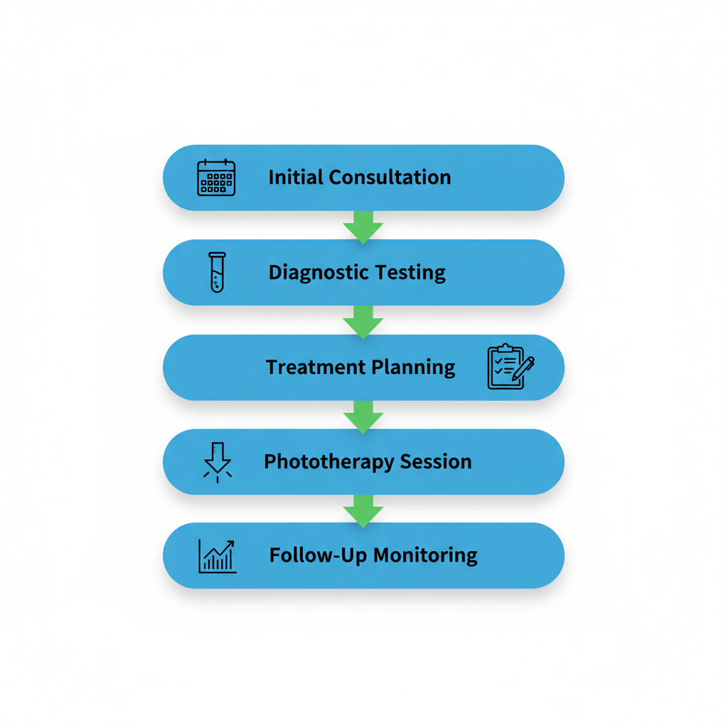 Vertical process flow diagram illustrating the five stages of eczema treatment at a dermatology clinic, including consultation, diagnostic testing, treatment planning, phototherapy session, and follow-up monitoring.