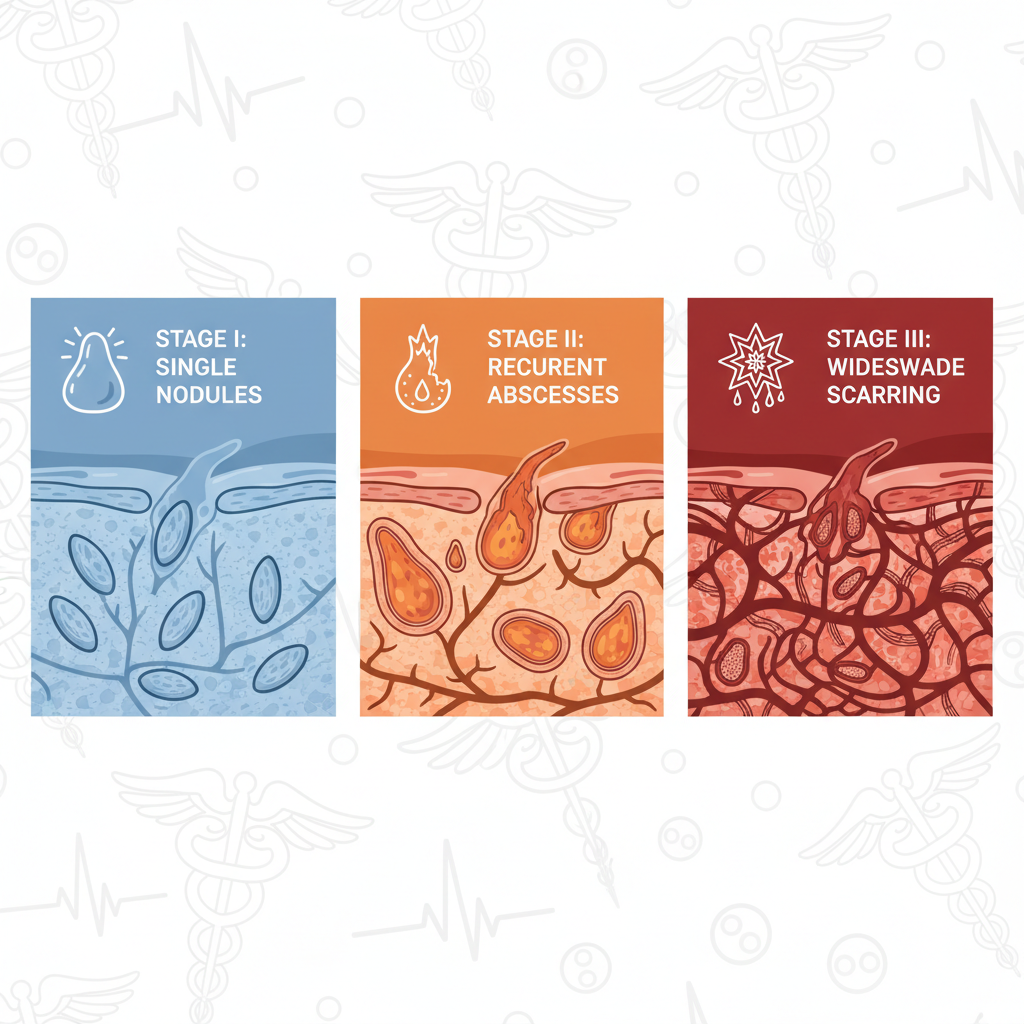 Infographic illustrating the three Hurley stages of hidradenitis suppurativa with symptom icons and color-coded sections
