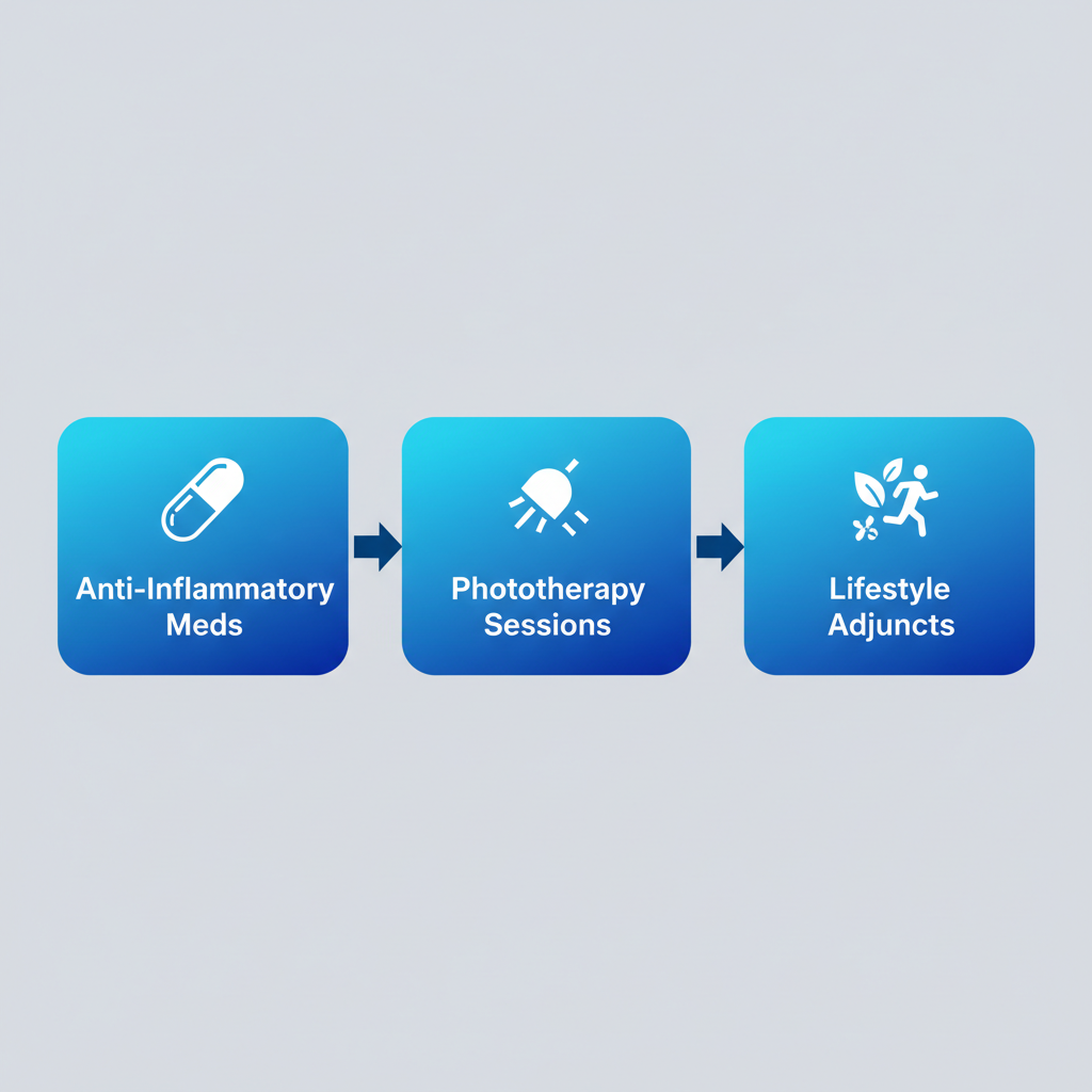Horizontal process flow diagram illustrating key steps in HS treatment: medical interventions, phototherapy, and lifestyle support.