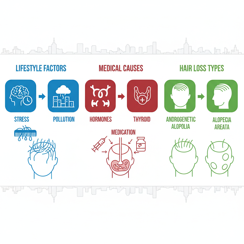 Infographic illustrating common causes and types of hair loss, categorized into lifestyle, medical, and alopecia types with icons and scalp diagrams.
