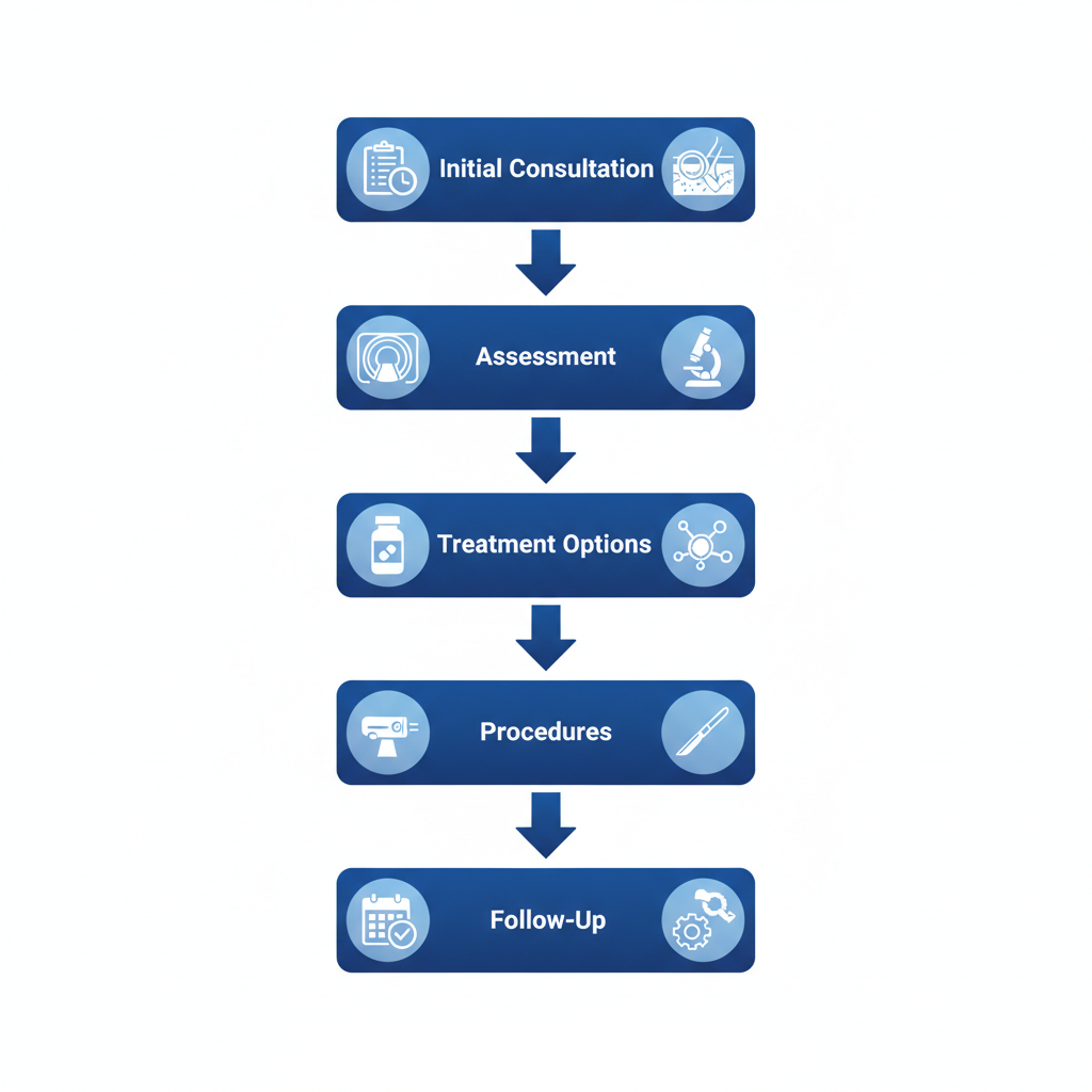 Vertical process flow diagram showing the HS treatment journey at the clinic with five stages: initial consultation, assessment, treatment options, procedures, and follow-up care.