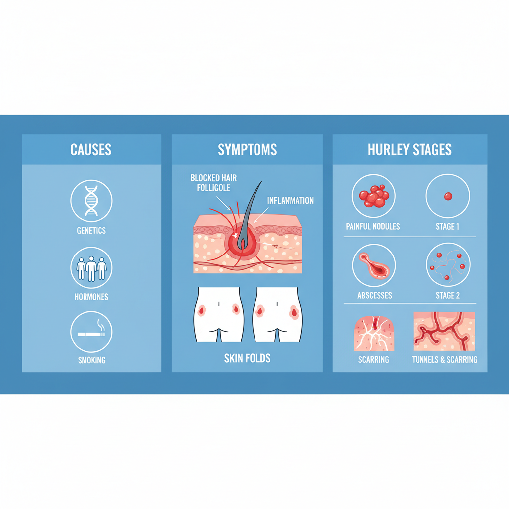 Infographic illustrating hidradenitis suppurativa with central follicle diagram, causes icons, symptoms graphics, and Hurley stages progression.