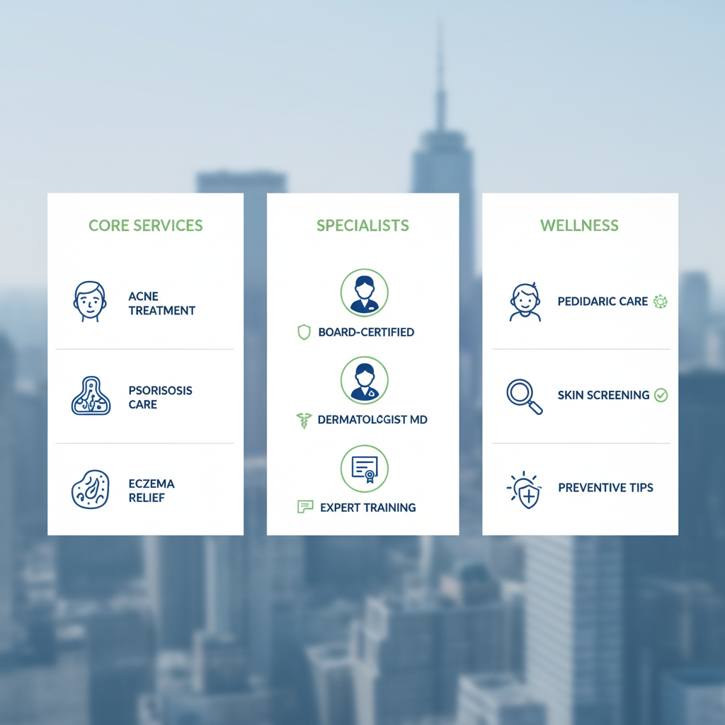 Infographic showing columns of dermatology services, specialists, and pediatric care in Midtown Manhattan with icons and short labels.