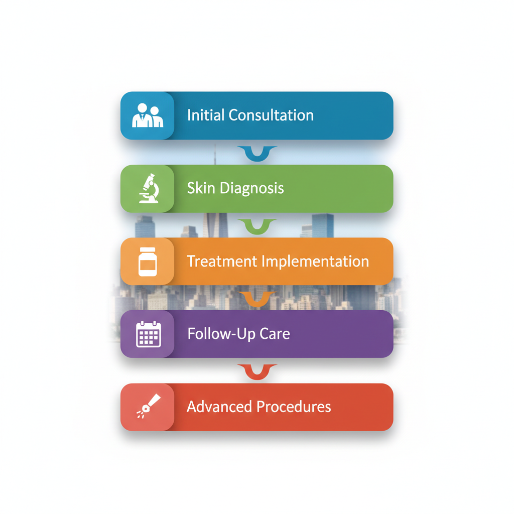 Vertical process flow illustrating medical dermatology steps at NSS Dermatology in Midtown, from consultation to advanced procedures.