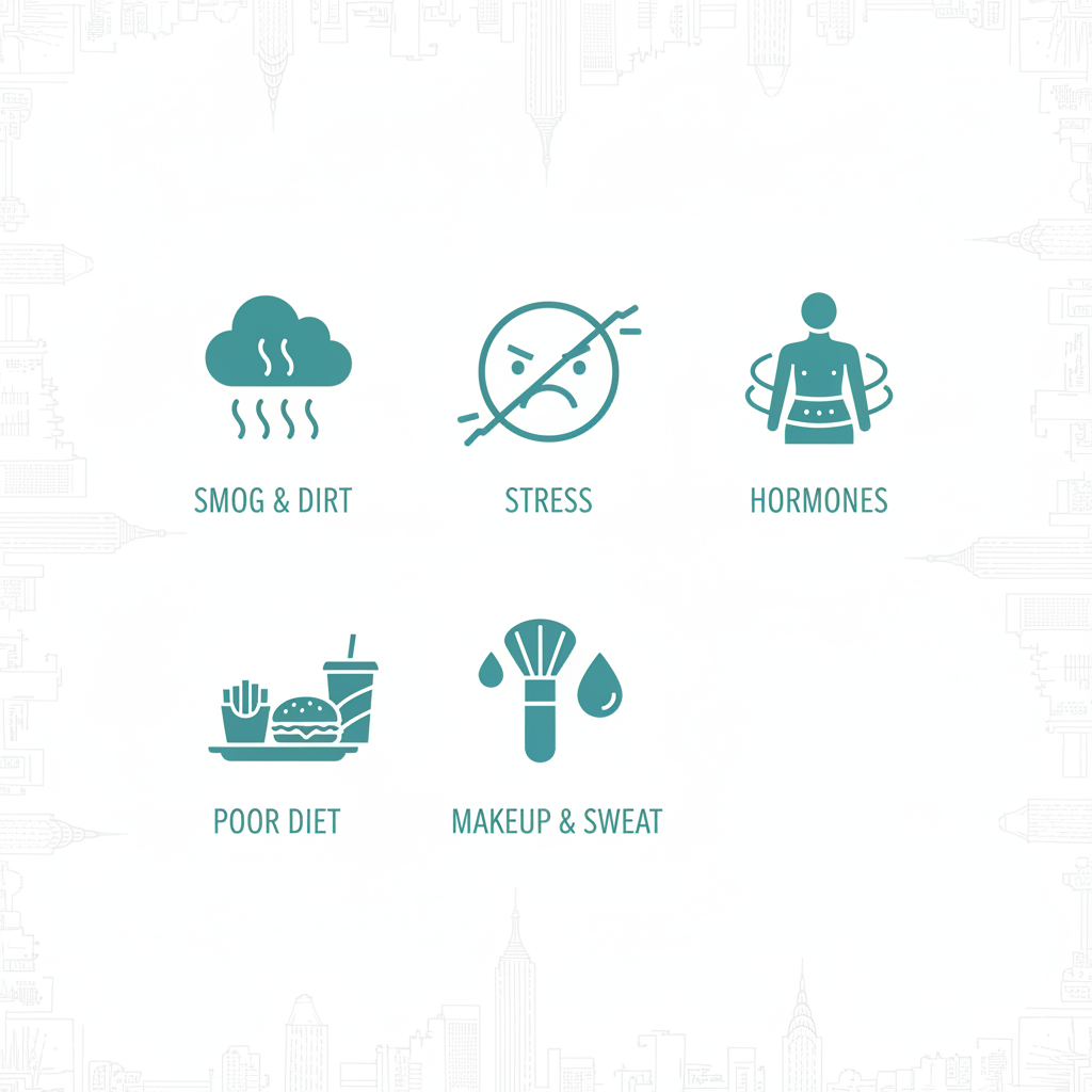 Grid of icons showing common causes of acne in city settings like pollution, stress, hormones, diet, and cosmetics.