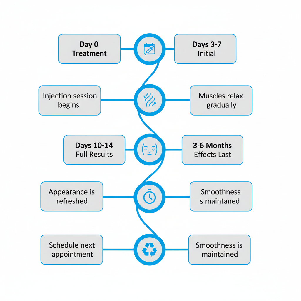 Vertical timeline illustrating BOTOX Cosmetic treatment progression and results over time with icons for each stage