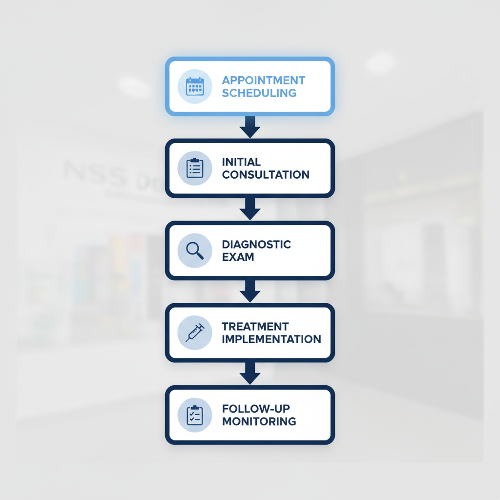 Vertical process flow diagram illustrating the medical dermatology process at NSS Dermatology, featuring five stages with icons: appointment scheduling, initial consultation, diagnostic exam, treatment implementation, and follow-up monitoring.