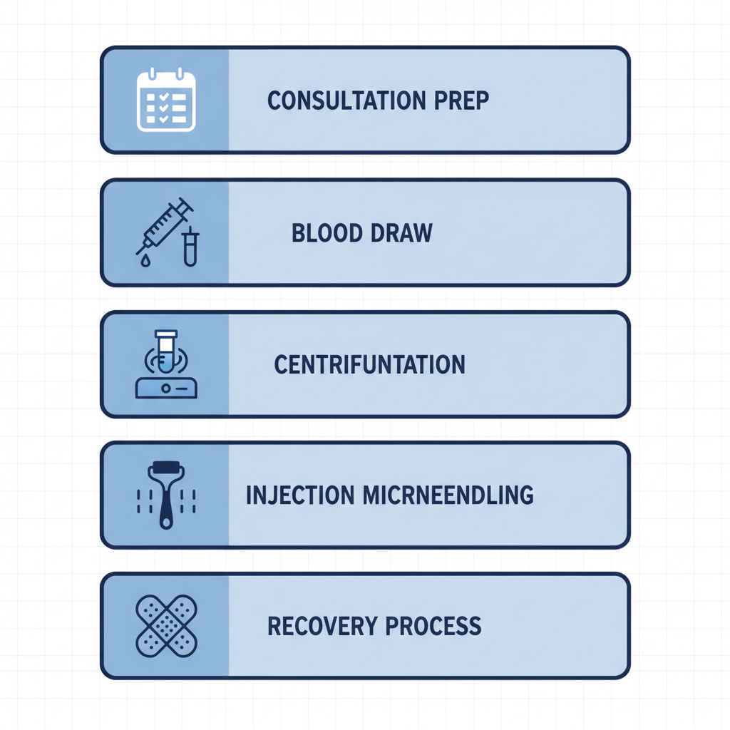 Vertical process flow diagram showing the five steps of PRP therapy in dermatology
