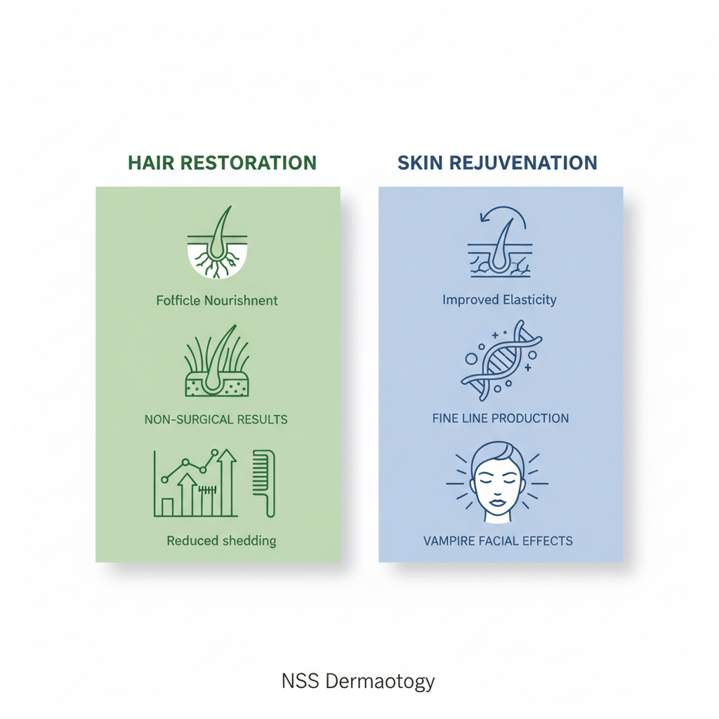 Infographic depicting PRP therapy benefits: left column in green shows hair restoration icons and labels for follicle nourishment and non-surgical results; right column in blue illustrates skin rejuvenation with icons and labels for elasticity, fine lines, and vampire facial effects.