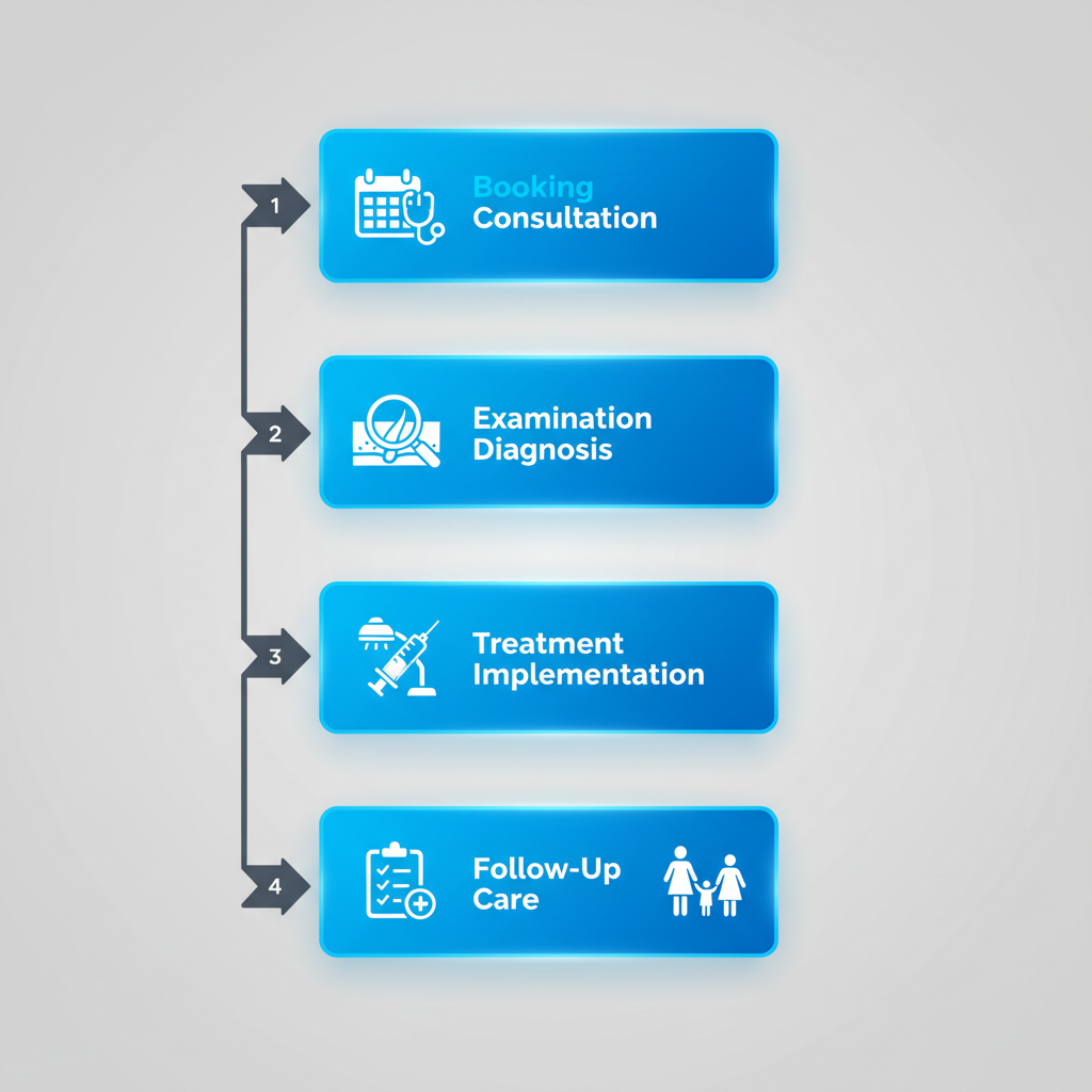 Process flow diagram showing four stages of pediatric dermatology services from consultation to follow-up care