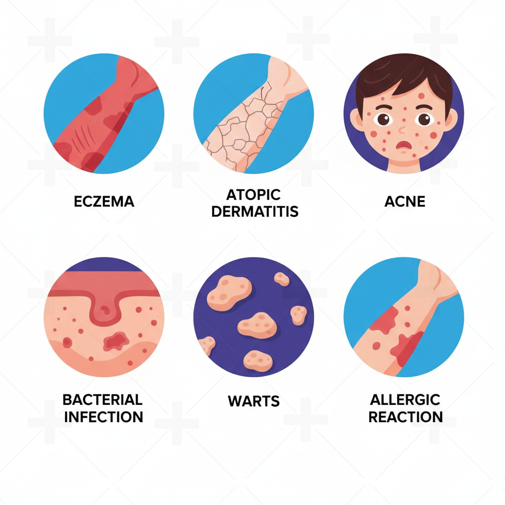 Grid of six icons depicting common pediatric skin conditions including eczema, atopic dermatitis, acne, bacterial infections, warts, and rashes