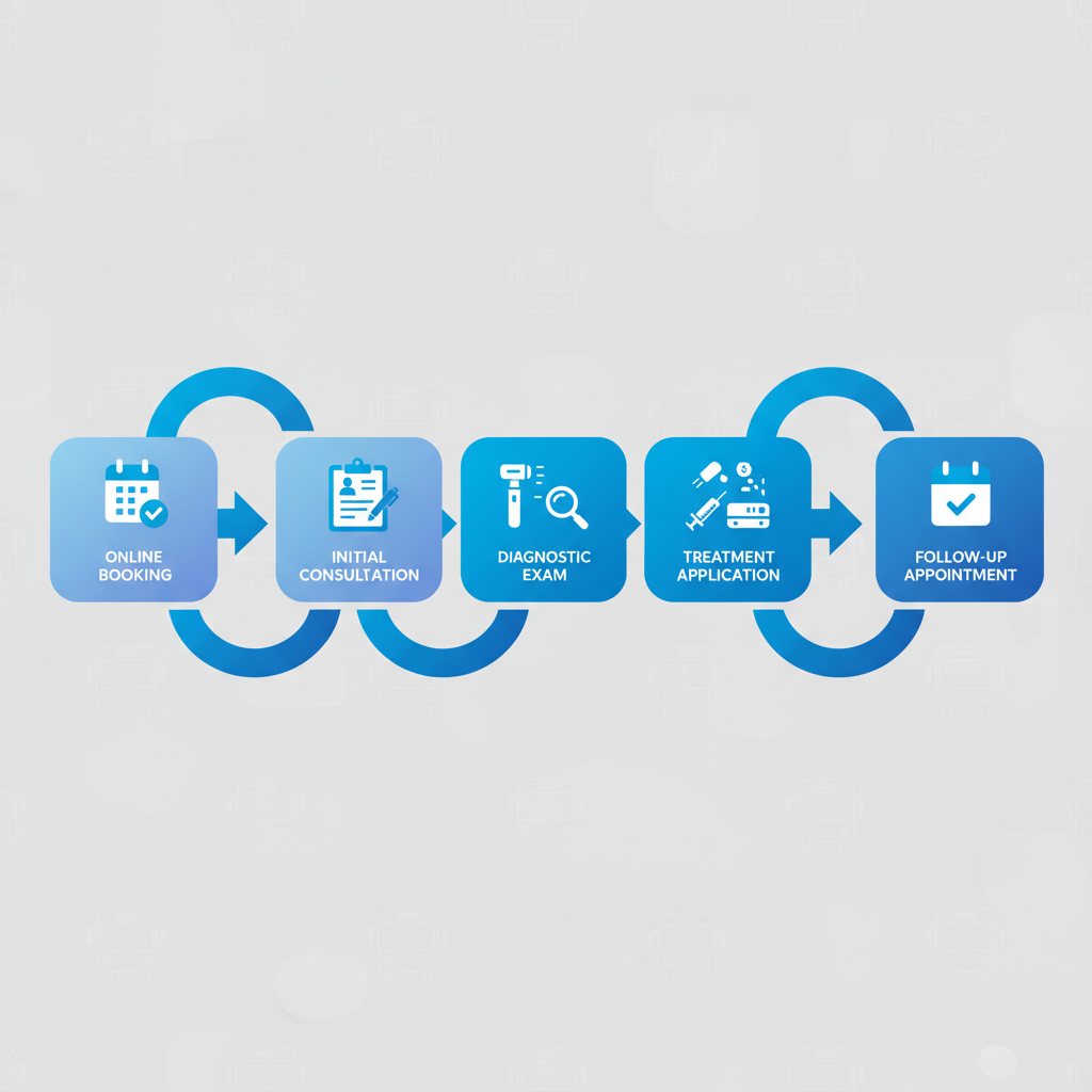 Horizontal process flow chart depicting five steps of dermatology services workflow from online booking to follow-up appointment