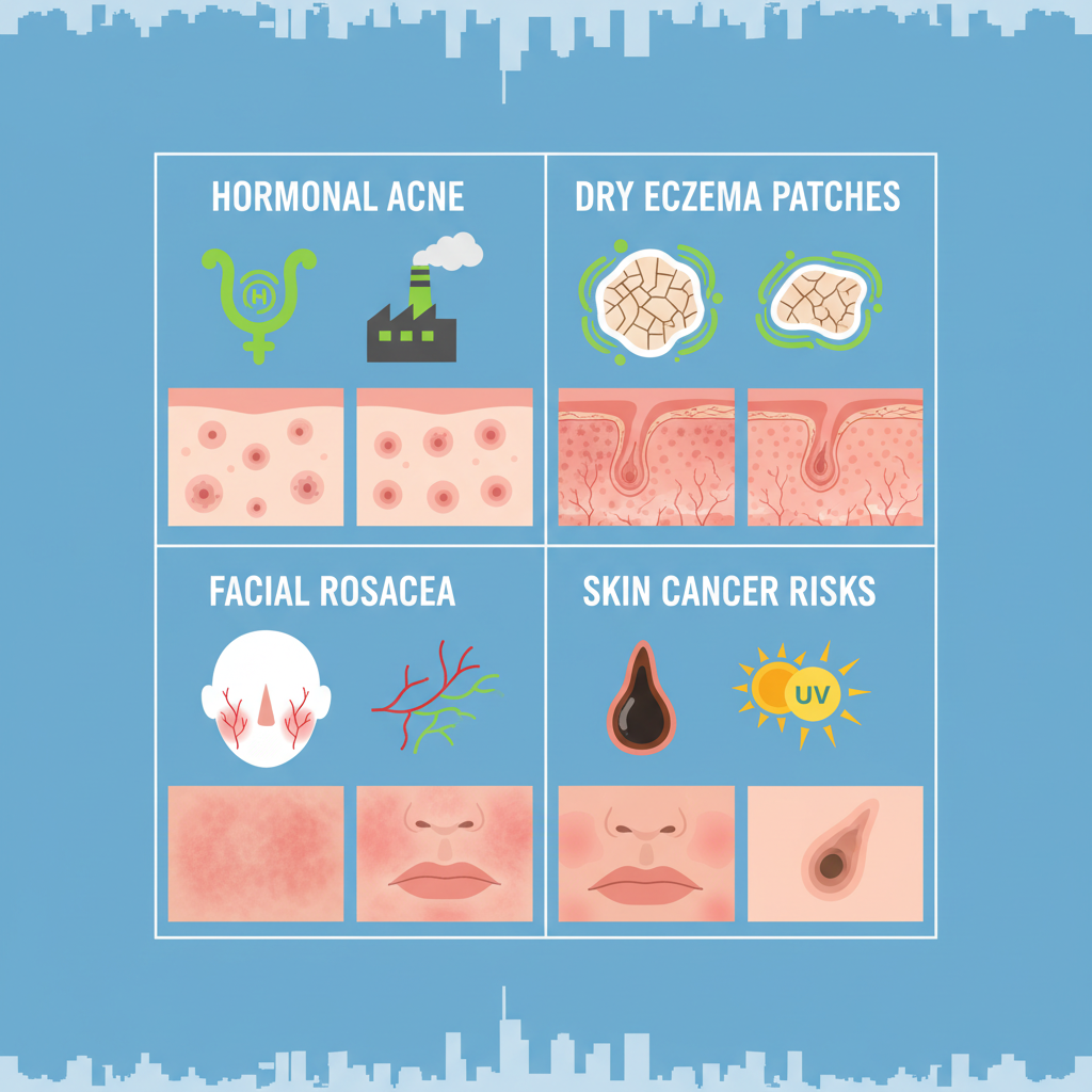 Infographic showing four common skin conditions: acne, eczema, rosacea, and skin cancer with icons and minimal labels.
