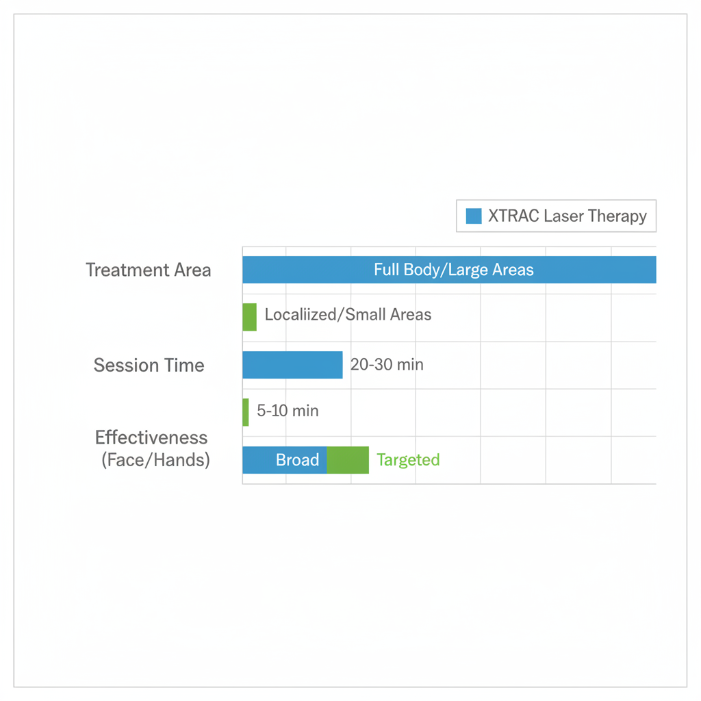 Horizontal bar chart comparing UVB phototherapy and Xtrac laser therapy for vitiligo, showing treatment area, session time, and effectiveness.