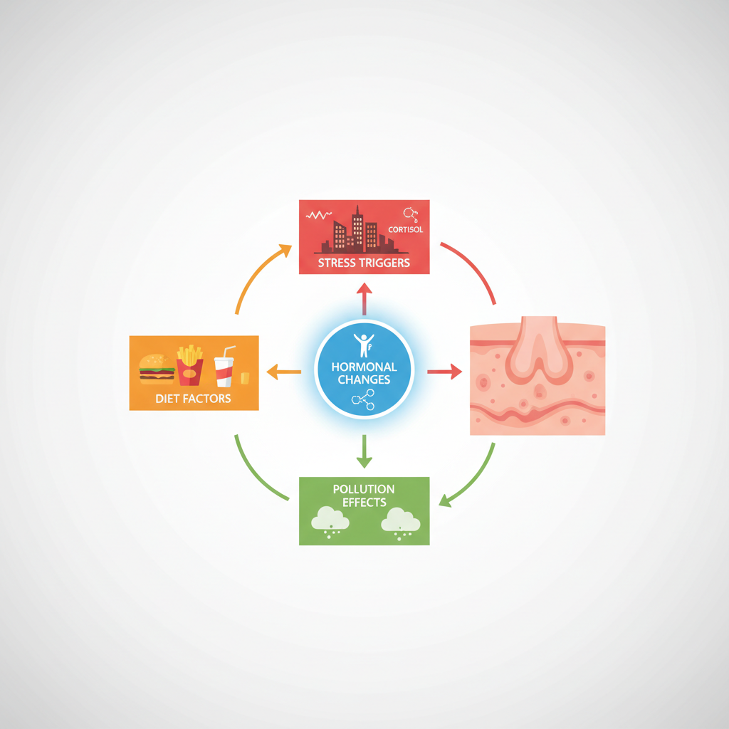 Infographic showing hormonal, diet, stress, and environmental causes of teenage acne with NYC elements
